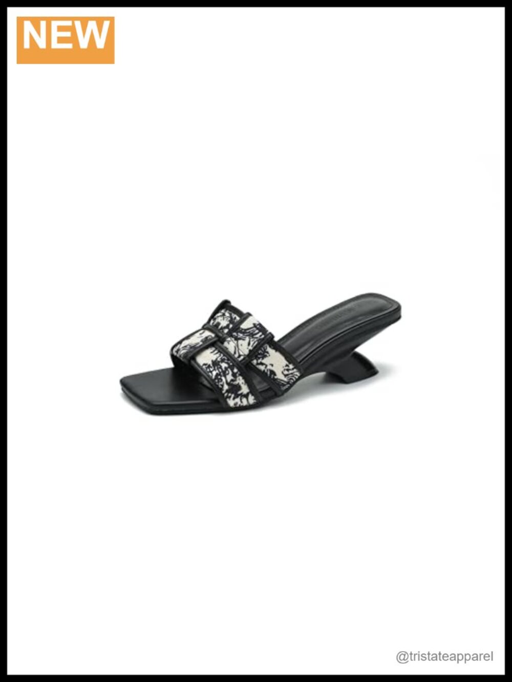 Square Toe Mule Kitten Heel Sandals Faux Leather Patchwork Slip On